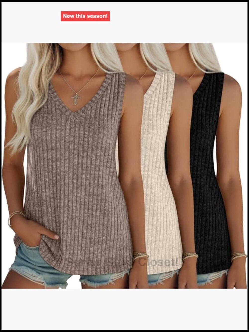 3 Pack Women's Ribbed V-Neck Tank Tops Sleeveless Loose Fit Stretch